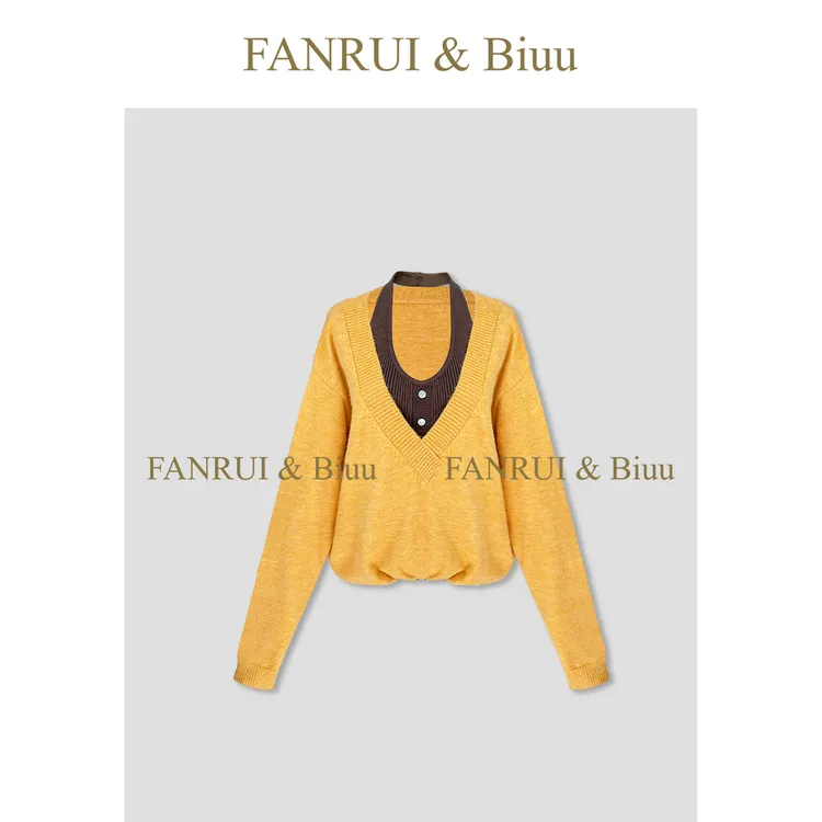 FANRUI/泛芮「贝贝biuu」两件套坑条纹百搭减龄显瘦针织衫女B18618