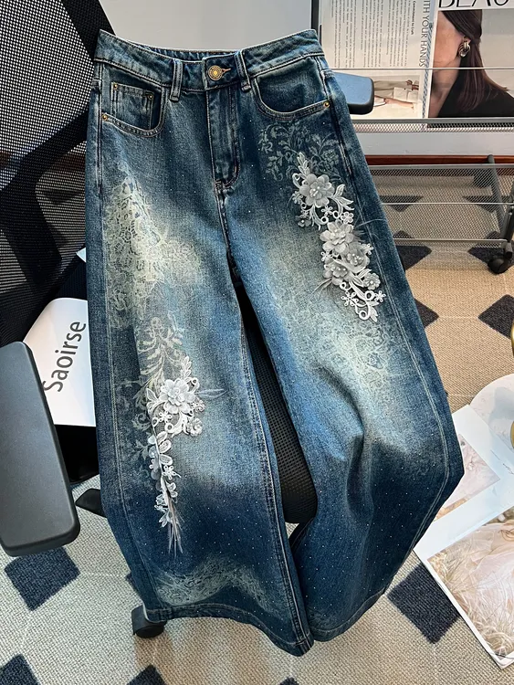 禾黍黎美式立体印花牛仔裤2025秋季新款高腰显瘦阔腿直筒拖地裤子