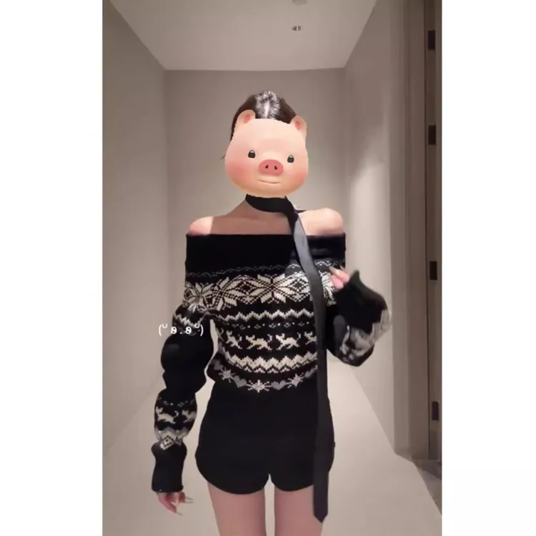 圣诞氛围感费尔岛一字肩毛衣女秋冬慵懒高级感复古内搭针织衫上衣