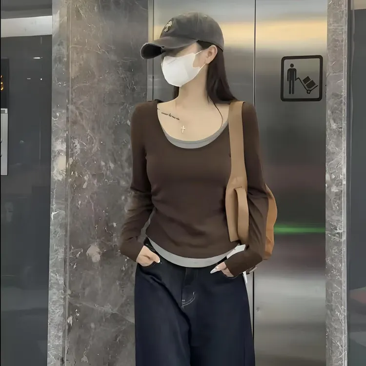 2025秋季新款假两件撞色圆领长袖T恤女宽松遮肚内搭打底衫上衣女