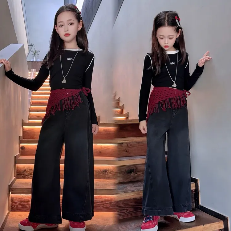 女童春秋新款套装儿童显瘦牛仔裤网高腰洋气打底长袖中大童两件套