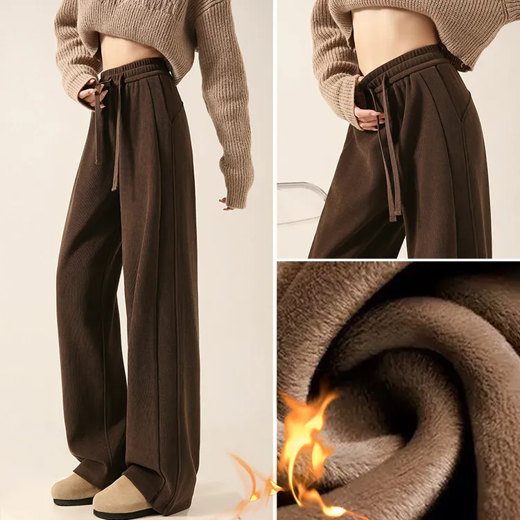 美拉德咖色阔腿裤女2025新款秋冬季加绒高腰垂感显瘦窄版直筒裤子