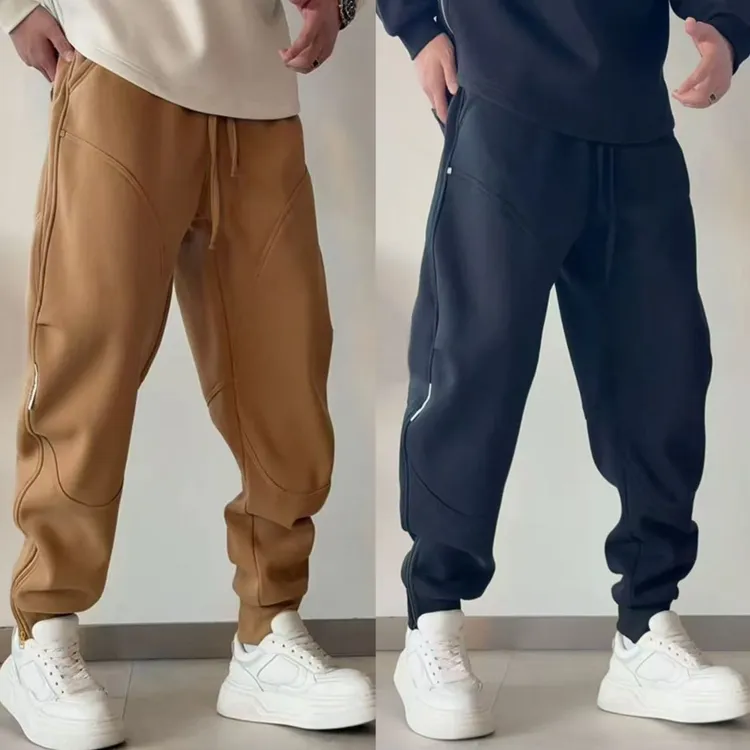 秋冬新款美式休闲加绒加厚拉链束脚卫裤男士时尚百搭潮流休闲长裤