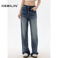 柯比琳黑标秋季新款长绒棉水洗不变形蓝扎花纹直筒牛仔裤