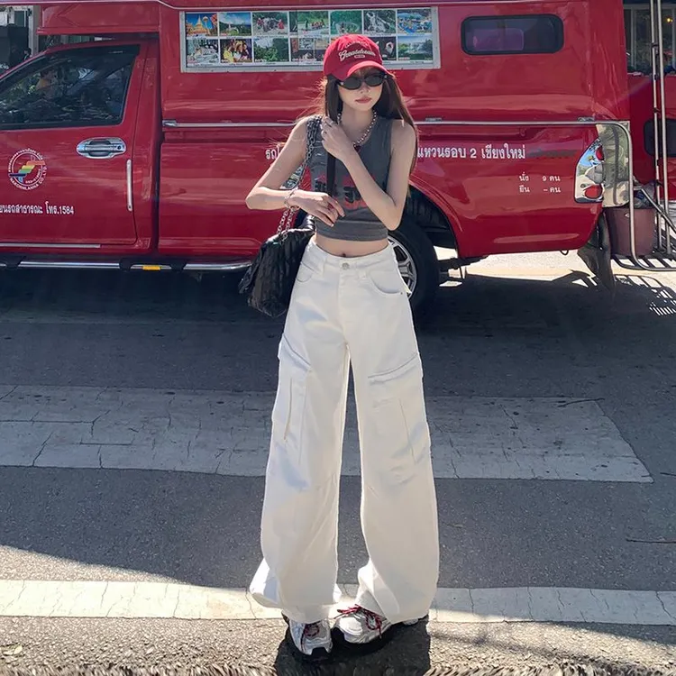 木叶晴新款美式复古高街宽松阔腿裤口袋工装裤百搭春夏直筒牛仔裤