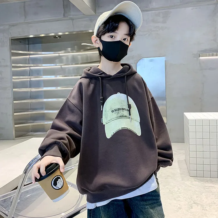 男童连帽卫衣春秋款2025新款中大童洋气加绒上衣冬装男孩衣服时髦