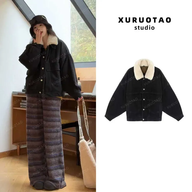 XURUOTAO【冬令牛仔】100棉夹棉可拆卸毛领设计保暖黑色外套 T5724
