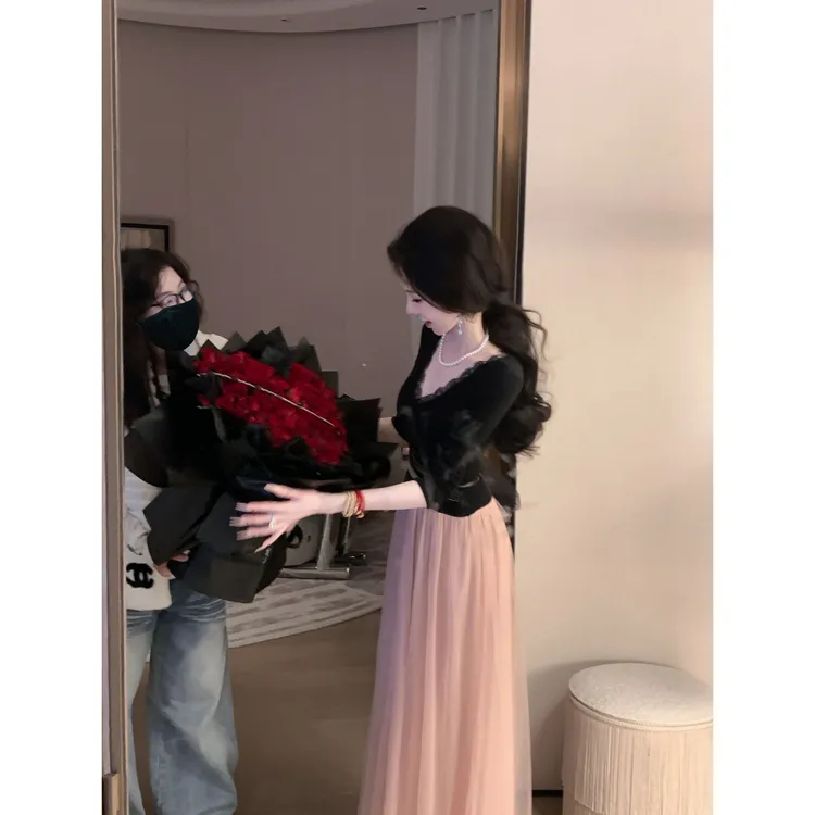 【雅乔定制】顾盼生辉 针织网纱拼接撞色长袖连衣裙DYHH-25092055