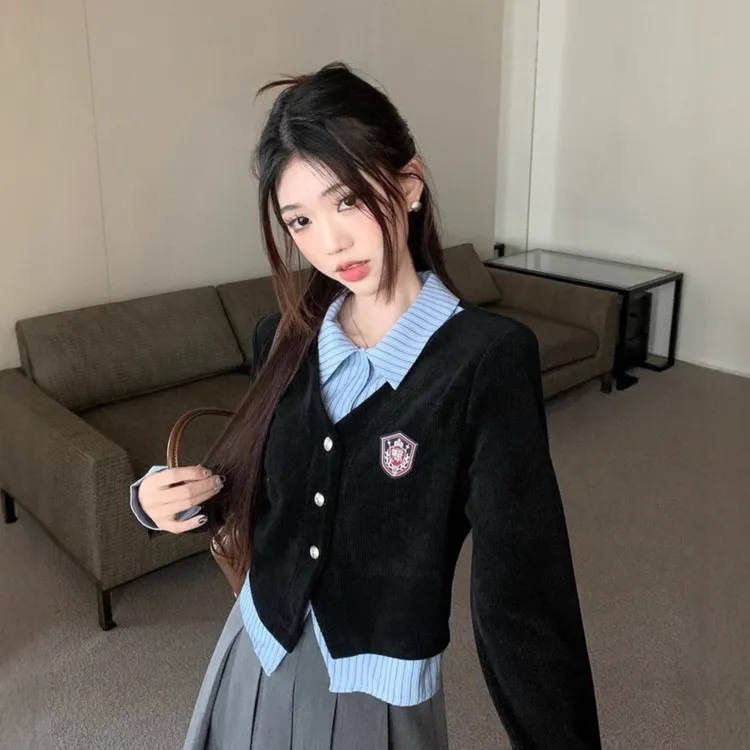 衬衫春秋叠穿衬衣外套假两件上衣POLO领学院风长袖女女春季设计感