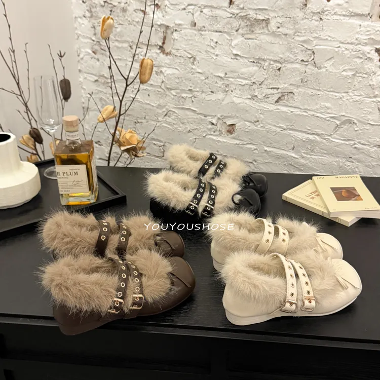 法式小香风玛丽珍鞋女2025冬季新款加绒保暖舒适懒人一脚蹬毛毛鞋