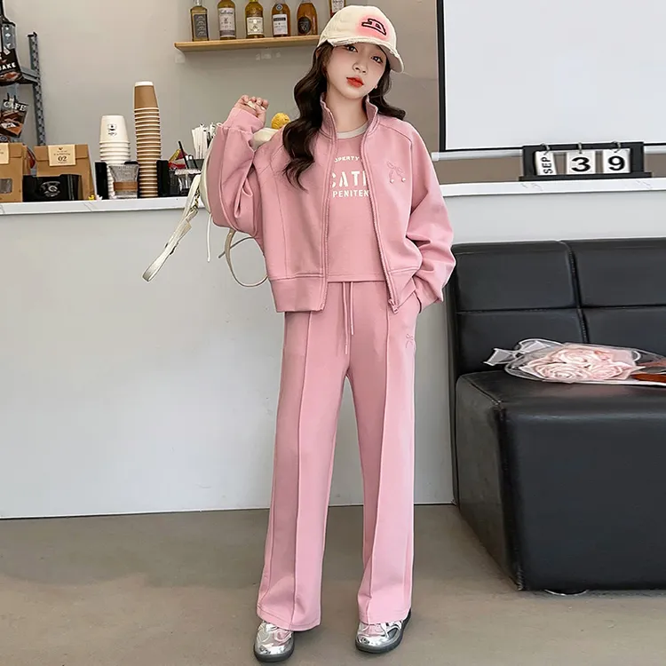 女大童休闲套装春秋新款洋气刺绣蝴蝶结外套甜美背心阔腿裤三件套