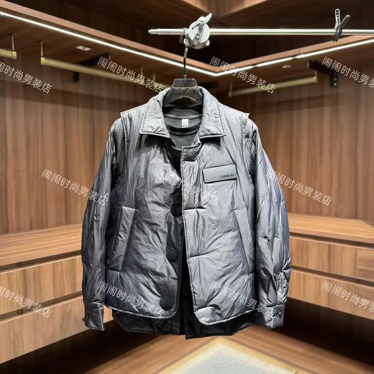 25861冬季新款纯色潮流翻领设计可脱卸马甲加厚两件套羽绒服男款