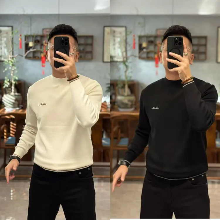 88613欧货秋季舒适百搭100%羊毛圆领条纹边男士长袖针织衫