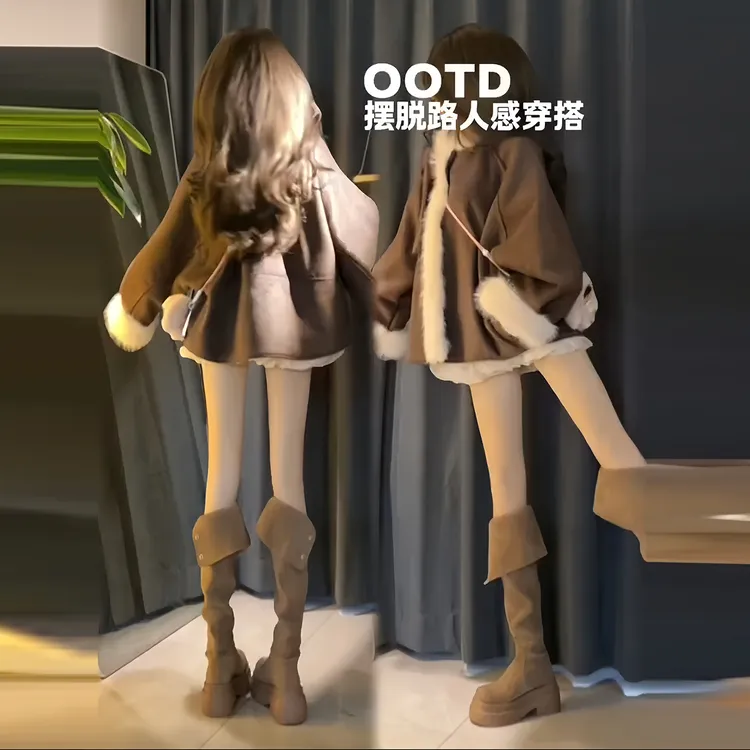 法式气质毛领拼接蝴蝶结夹棉加厚外套女装秋季高腰轻纱短裙两件套