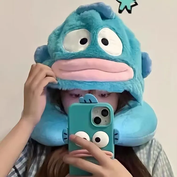 卡通连帽u型枕可爱史迪奇丑鱼便携午睡护颈枕头旅行飞机遮光帽子