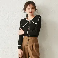 白鹿语秋冬款撞色爱心包扣长袖甜美娃娃领针织衫百搭毛衣HL10129