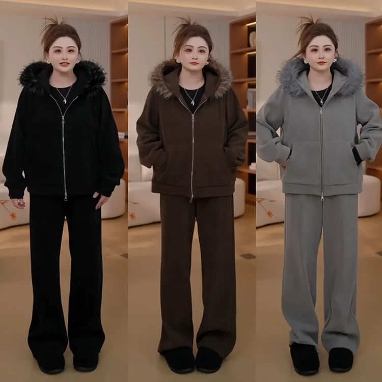 【胖佳佳】格调派对2.0 加绒连帽毛领外套长裤两件套女H625Z18347