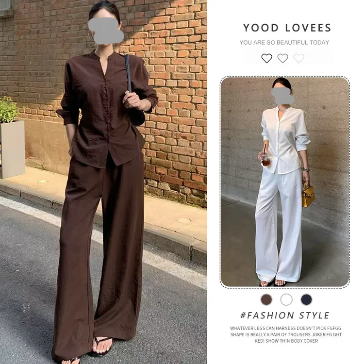 老钱风时尚套装女2025春秋新款长袖衬衫高腰直筒裤休闲穿搭两件套