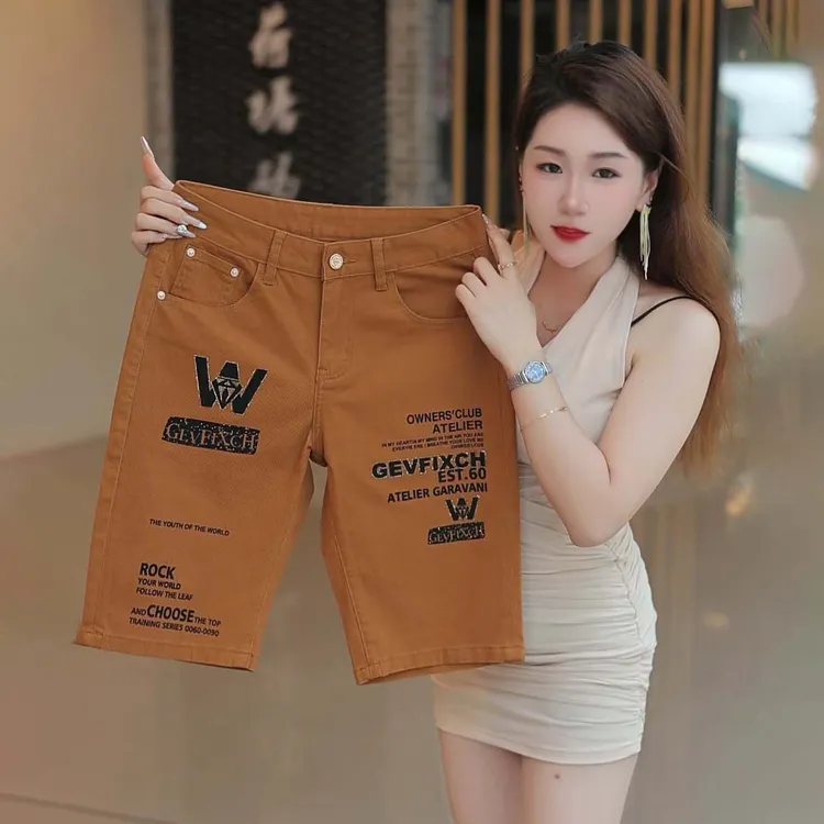 高端轻奢烫钻印花短裤男夏季2025新款时尚潮流复古蓝超软牛仔中裤