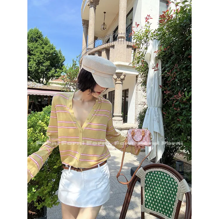 FORNI 线谱开衫 及致享受天丝前后双面V领撞色条纹宽松开衫