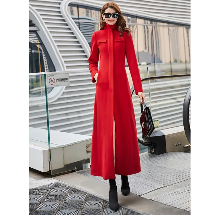 2025长款厚款秋冬立领女纯色毛呢外套显瘦修身超长款呢子过膝大衣