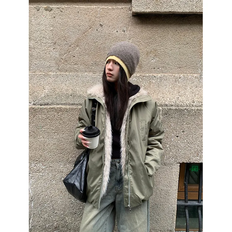 【YU】2025冬季皮草拼接翻领棉服立领百搭休闲外套男女款