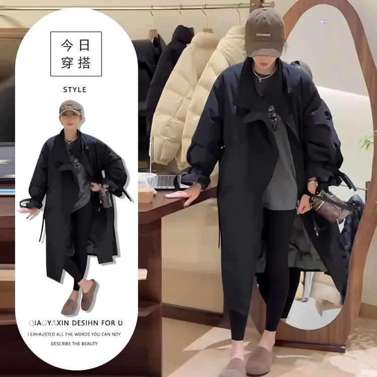 秋冬新款韩系潮流休闲百搭宽松外套女高级感别致纯色中长款风衣潮