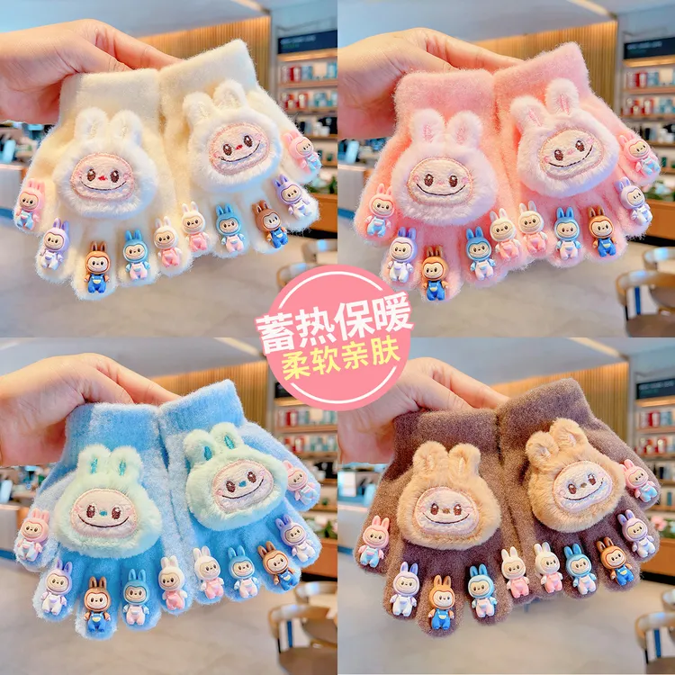 2025新款儿童手套男女童冬天保暖连指手套可爱卡通公仔毛绒五指套