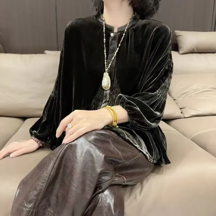 2025秋季时尚气质休闲丝绒衬衫新款褶皱设计感百搭长袖显瘦上衣女