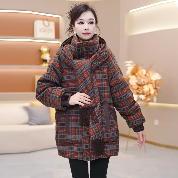 气质保暖连帽格纹时尚加厚羽绒服新款宽松2025年冬季【SJYH3901】