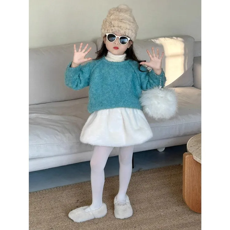 韩国童装2025秋冬新款女童软糯圈圈纱慵懒感针织衫+毛毛半裙套装