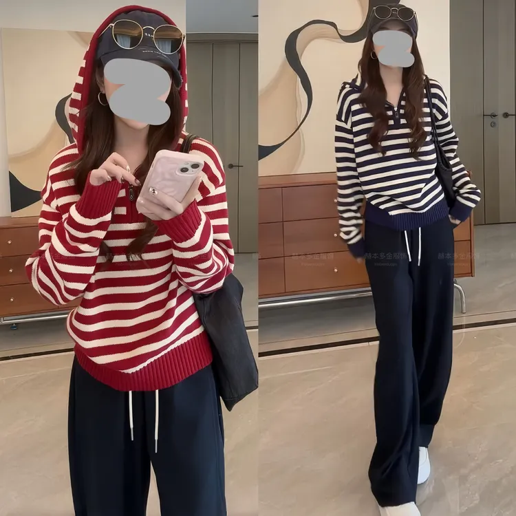 2025早秋新款百搭设计感宽松休闲条纹针织衫舒适简约休闲裤套装女