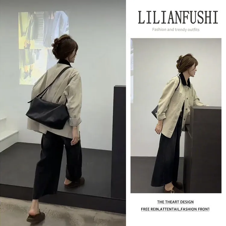 【现货】流行穿搭一整套2025新款翻领长袖外套高腰阔腿牛仔裤两件套