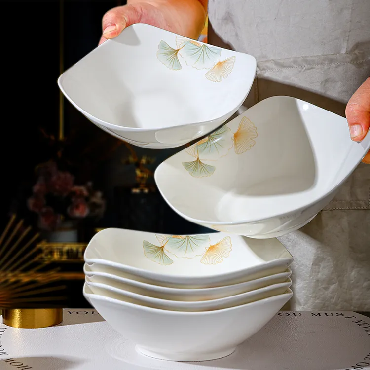 W金银杏叶8英寸翘角碗6只装陶瓷釉下彩菜盘简约深盘多功能餐具