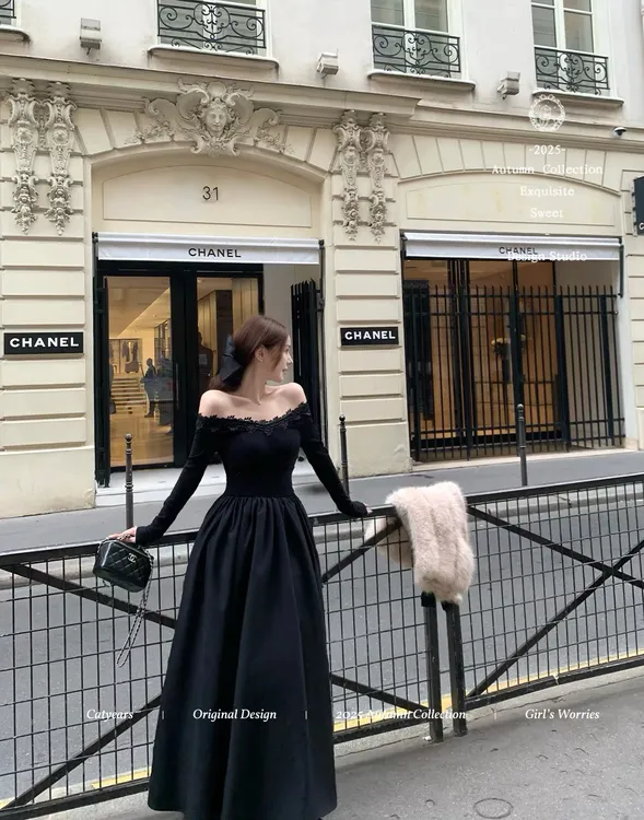 柏林夜曲 纯欲风蕾丝一字肩连衣裙腰部蝴蝶结气质收腰A字蓬蓬长裙