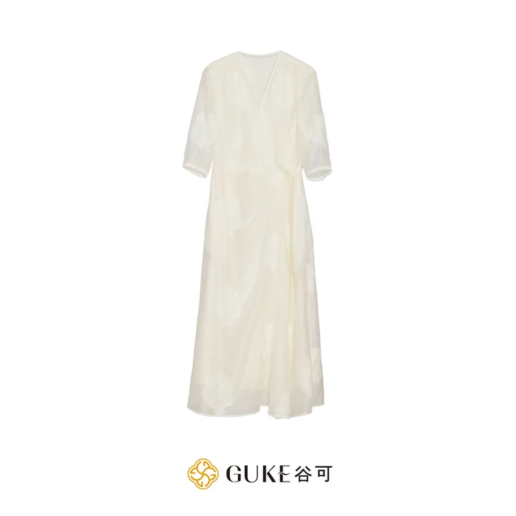 GKE/谷可LQ1316绣花系带连衣裙夏季中式修身显瘦V领裙子气质长裙