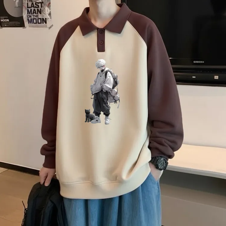 秋冬polo衫翻领卫衣男生大码宽松潮牌港风休闲外套长袖上衣青少年