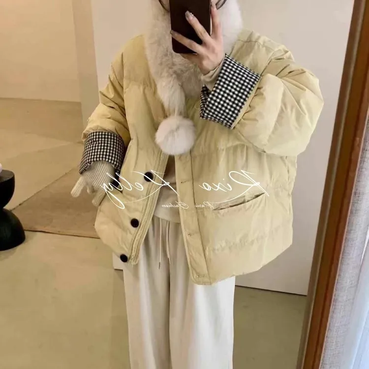 2025年冬季新款棉服女格子撞色高级感小个子韩版加厚围脖棉袄潮