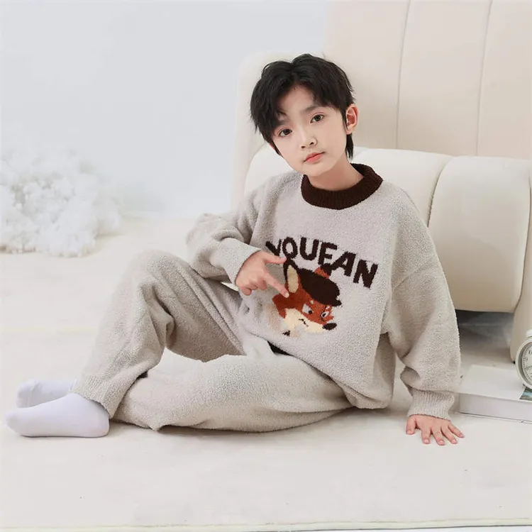 男童睡衣秋冬新款儿童加绒保暖家居服套装中大童女孩半边绒两件套