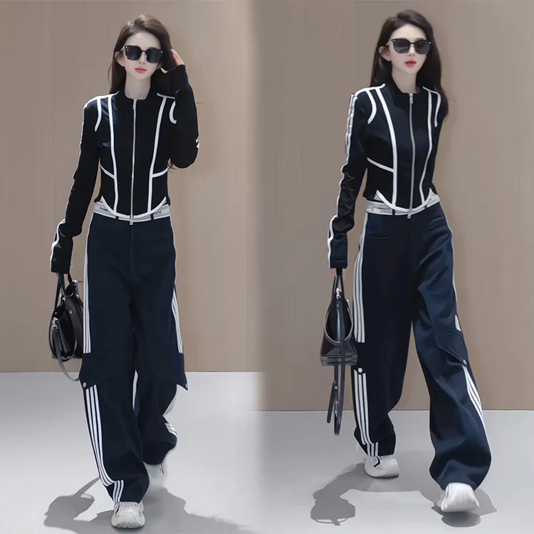 休闲运动套装女2025早秋撞色长袖短外套高腰直筒阔腿裤显瘦两件套