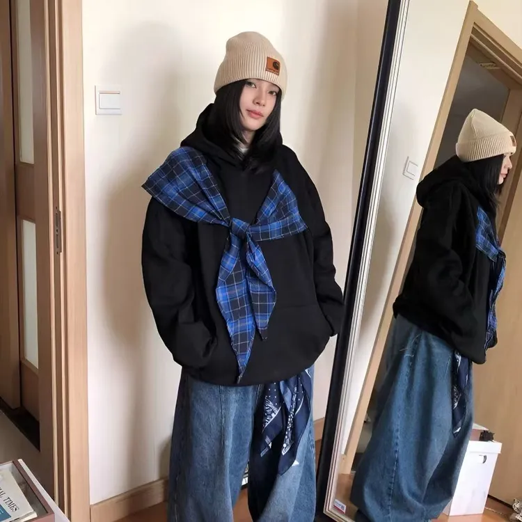 秋季韩系慵懒风连帽设计感格纹拼接撞色蝴蝶结卫衣女chic上衣外套