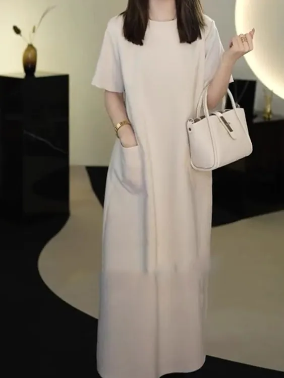 2025夏季新款欧货杏色短袖t恤连衣裙宽松显瘦洋气减龄高级感女装