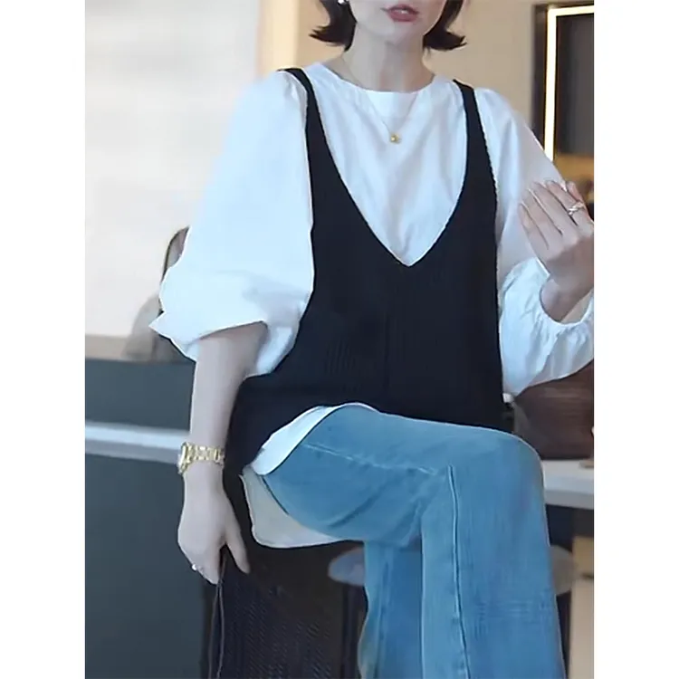 v领马甲背心女秋装新款慵懒风遮肉显瘦泡泡袖衬衫气质一整套穿搭