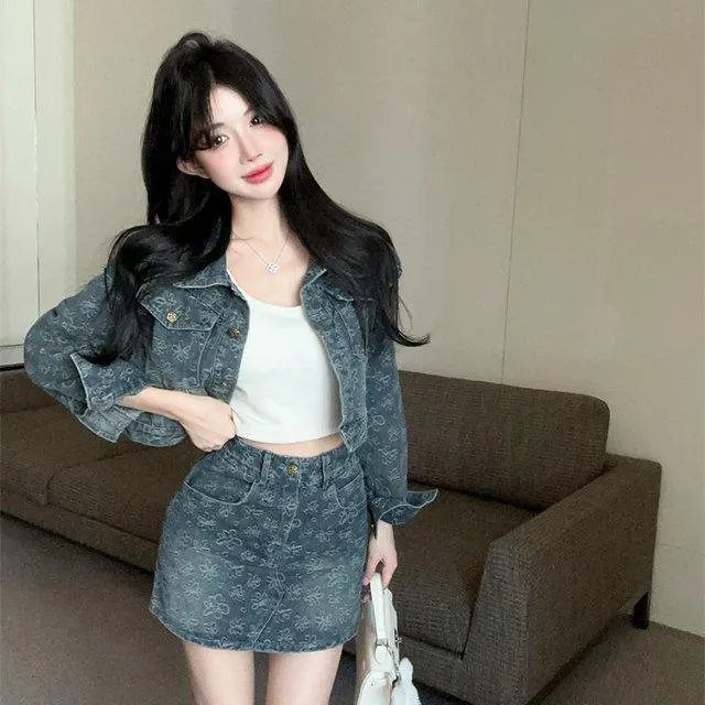 牛仔套装女辣妹提花洋气洗水牛仔短款外套高腰短裙高级感两件套
