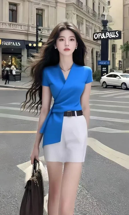 蓝色V领短袖不规则修身上衣+小众百搭显瘦半身裙女氛围感两件套