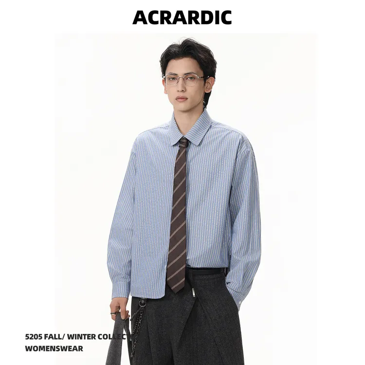 ACRARDIC【送领带】潮牌通勤蓝色条纹长袖衬衫男美式宽松百搭衬衣