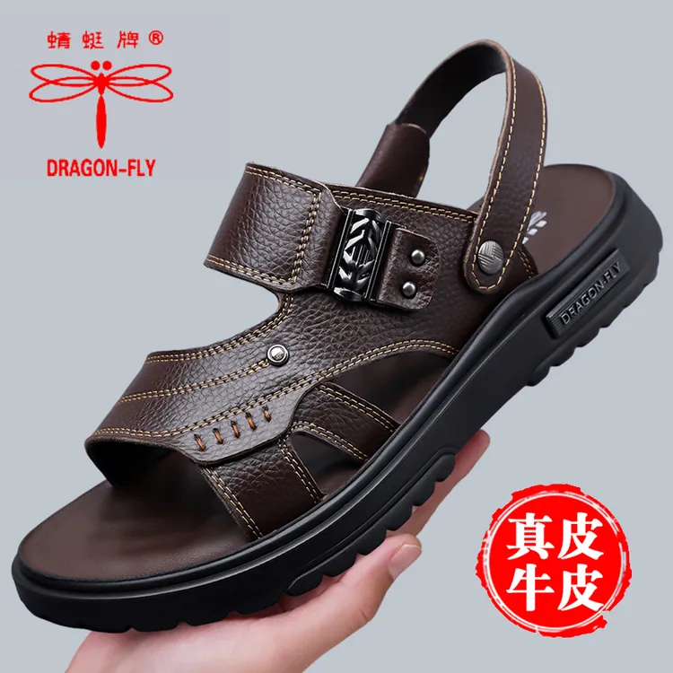 DRAGON-FLY/蜻蜓牌凉鞋男2026新款真皮休闲软底沙滩鞋两用凉拖鞋