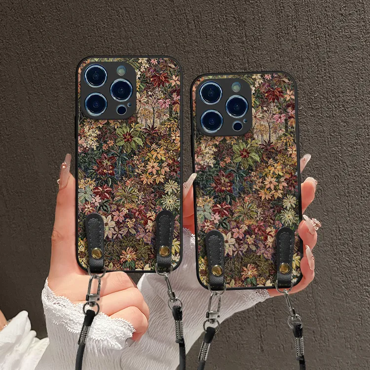 复古油画花丛适用苹果16pro手机壳15肤感华为p80皮革荣耀女小米15