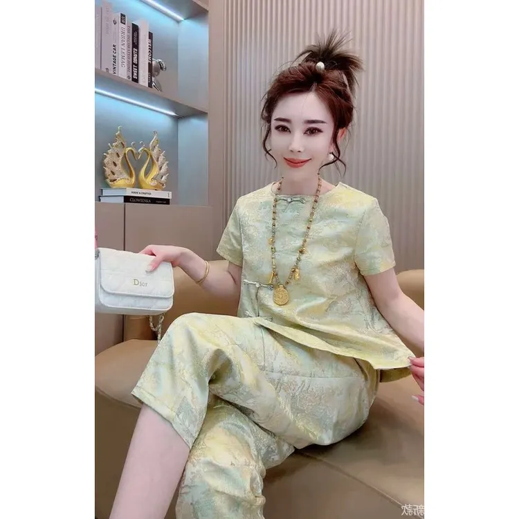 新中式国风盘扣贡缎提花短袖宽松衬衣上衣九分哈伦裤子套装女25春