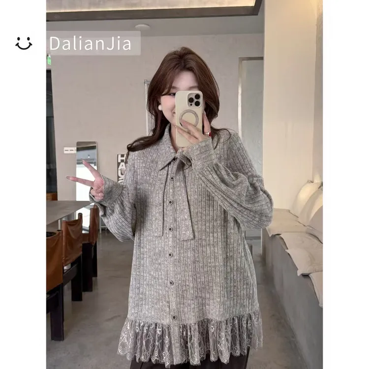 晶咕佳佳【雾都恋人】拼接精致款翻领针织打底衫长袖时尚百搭宽松